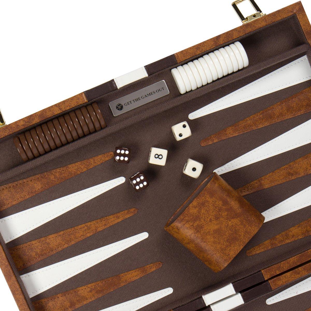 Get The Games Out Get The Games Out Backgammon Set for Travel - Small Classic Board Game Case with Strategy Guide & 15 Game Pieces (Brown)