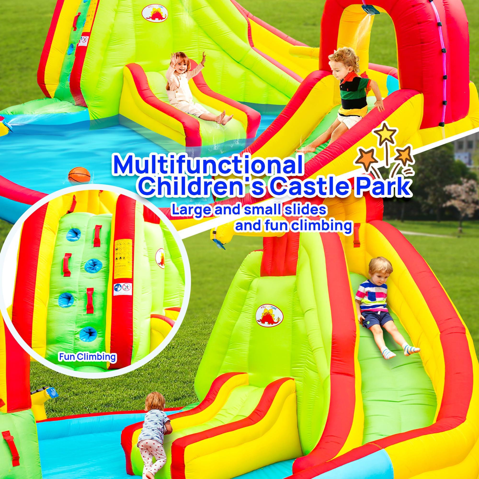 WELLFUNTIME WELLFUNTIME Inflatable Water Park with Blower, Dual Water Slide, Climbing Wall, Water Gun, Splash Pool, Lounge and Basketball Hoop