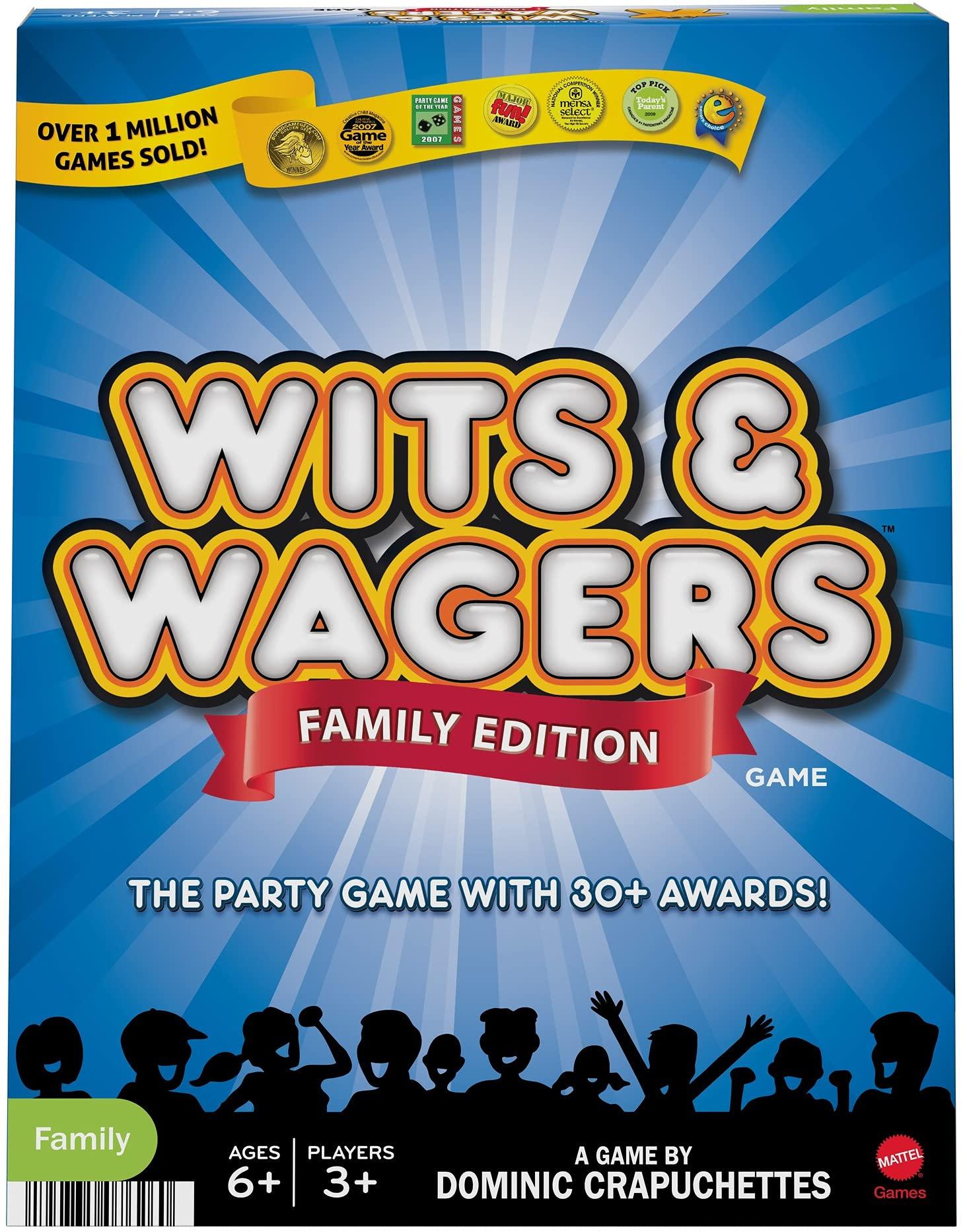 Mattel Games Mattel Games Wits & Wagers Board Game Family Edition for Kids and Adults with Dry Erase Boards, Markers & Question Cards Large