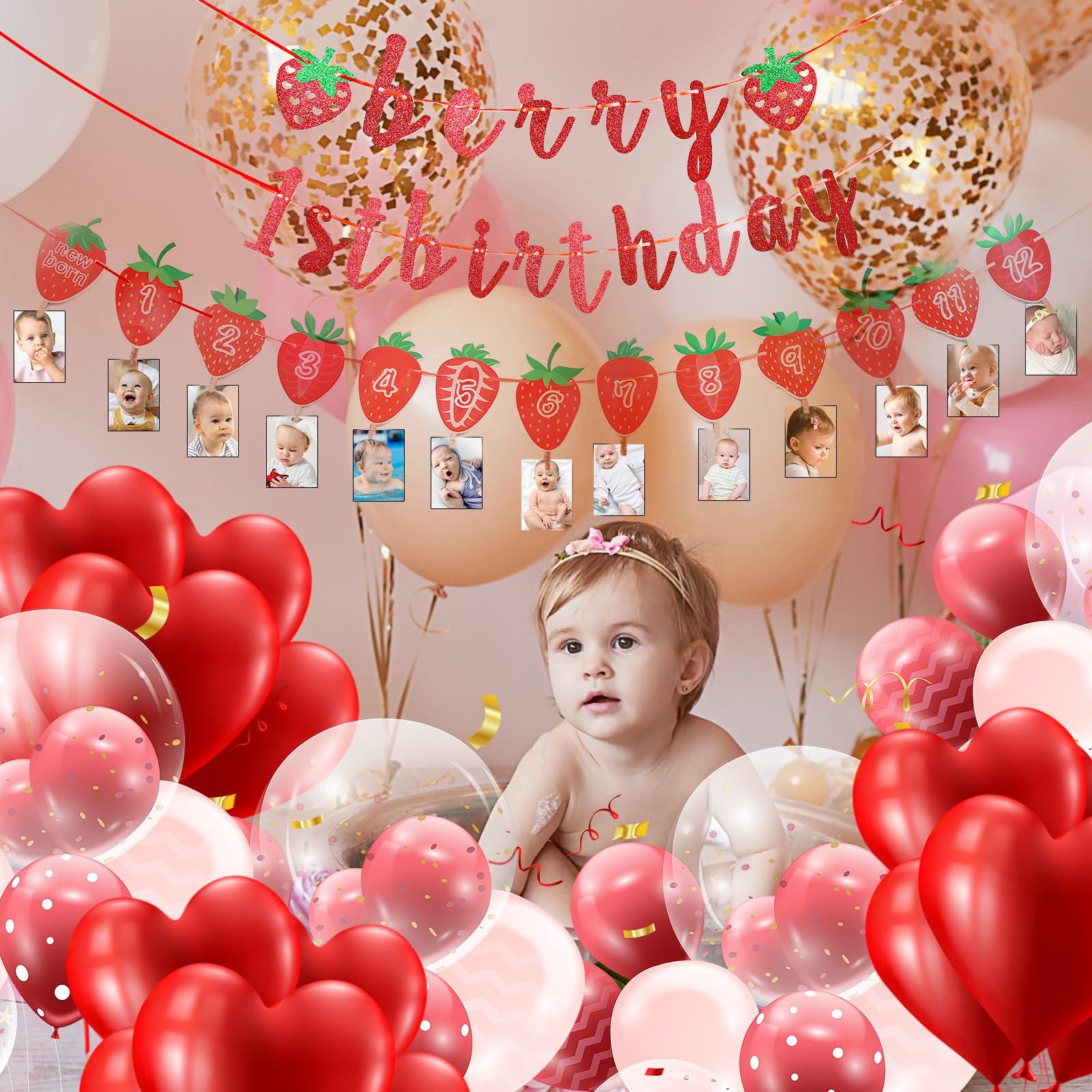 Andibro Andibro Strawberry First Birthday Party Decor, Berry 1st Birthday Party Supplies,Sweet Berry Monthly Photo Banner Milestone Photograph Bunting Garland Strawberry Hanging Decoration Fruit Themed Shower