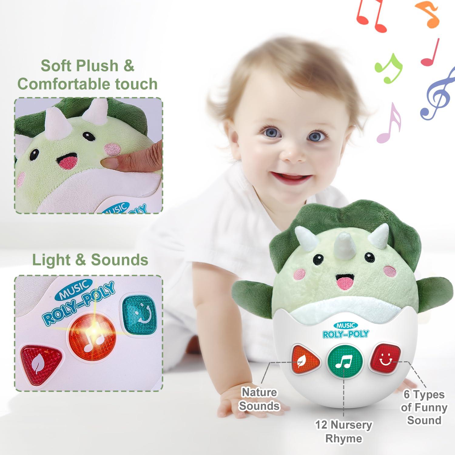 WOWOHAGE WOWOHAGE Baby Dinosaur Toys 0-3-6-12 Months, Musical Infant Toys with Light & Sounds, Soft Plush Stuffed Animal, Newborn Boys Girl 1st Birthday Shower Gift Basket Stuff, Roly-Poly Sensory Tummy Toy