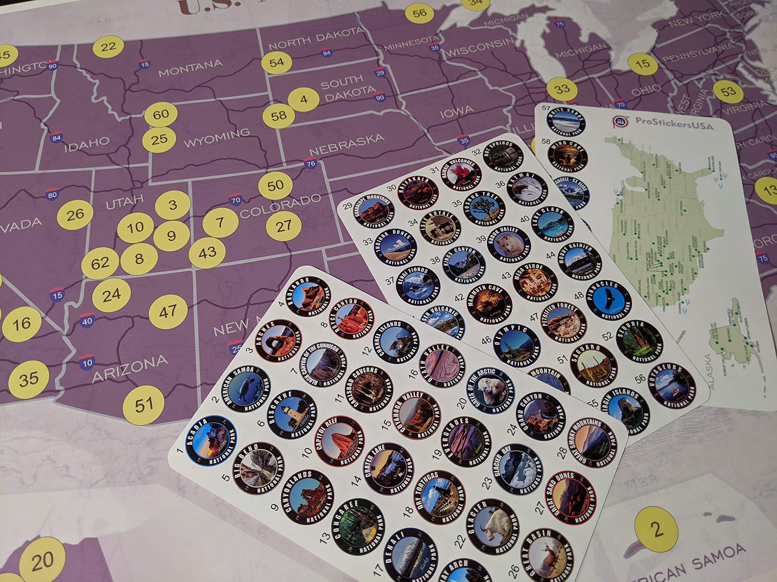 ProStickersUSA Collection 63 Stickers Set All US National Parks and Large Size Map of U.S. National Parks.17 x 27 inch with Tube Box.