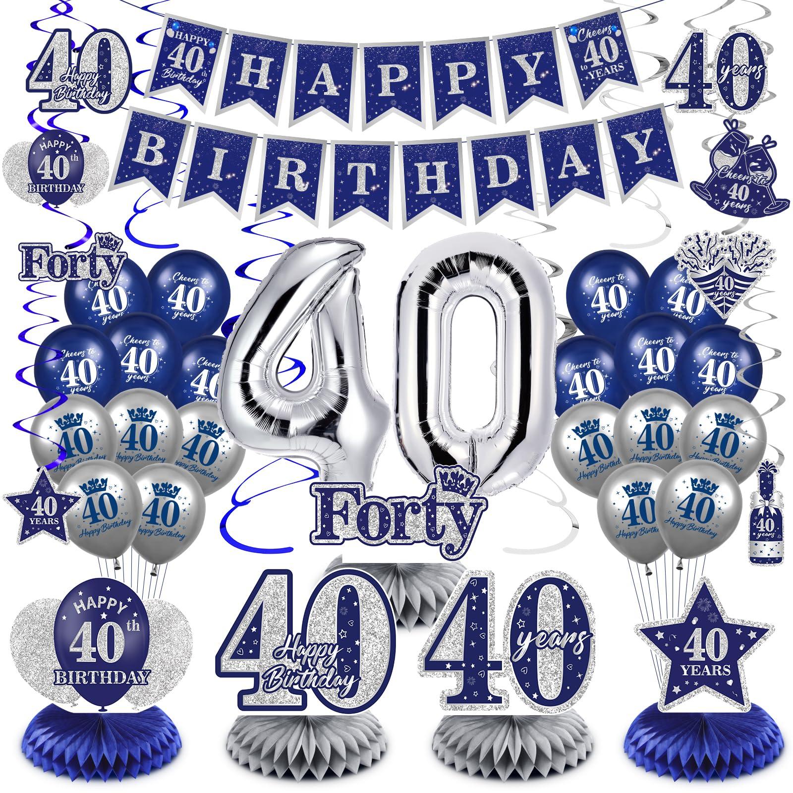 RUMIA Blue 40th Birthday Decorations for Men Women, 47Pcs Navy Blue Silver Happy 40th Birthday Banner Balloons Honeycomb Centerpiece Hanging Swirls Kit for Cheer to 40 Years Birthday Party Supplies Decor