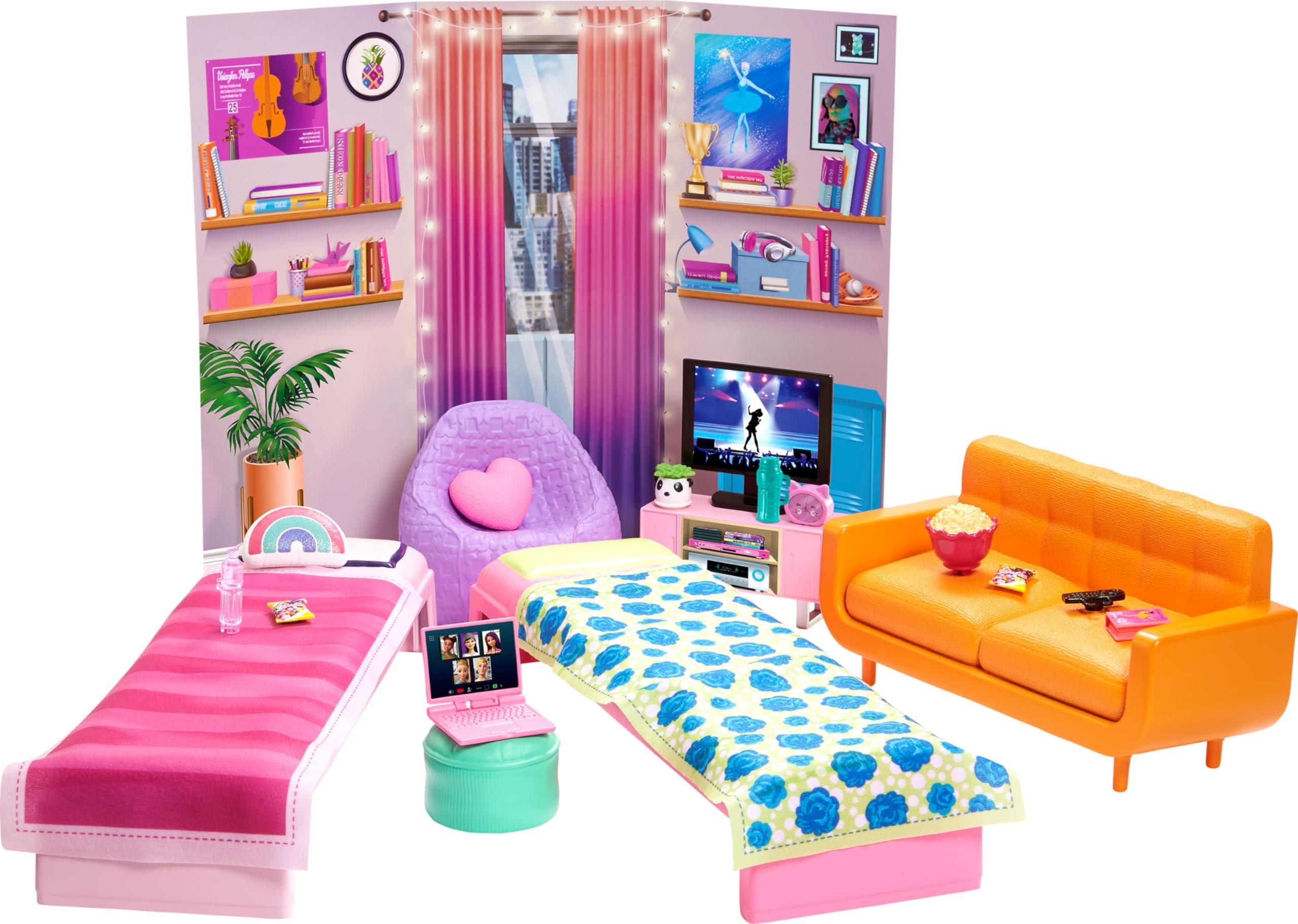 Barbie Barbie Toy Playset, Big City, Big Dreams Dorm Room Furniture & Accessories, Includes 2 Beds, Couch, Bean Bag Chair & More
