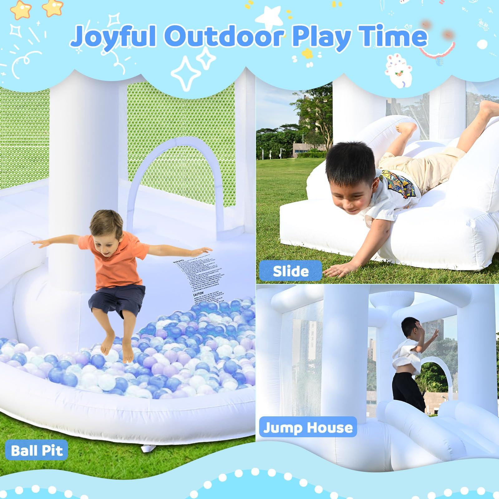 FOOING FOOING White Bounce House, Inflatable Bounce House with Air Blower, Jumping Castle Bounce House with Ball Pit for Party, Wedding, Backyard Easy to Set Up, Safe for Family