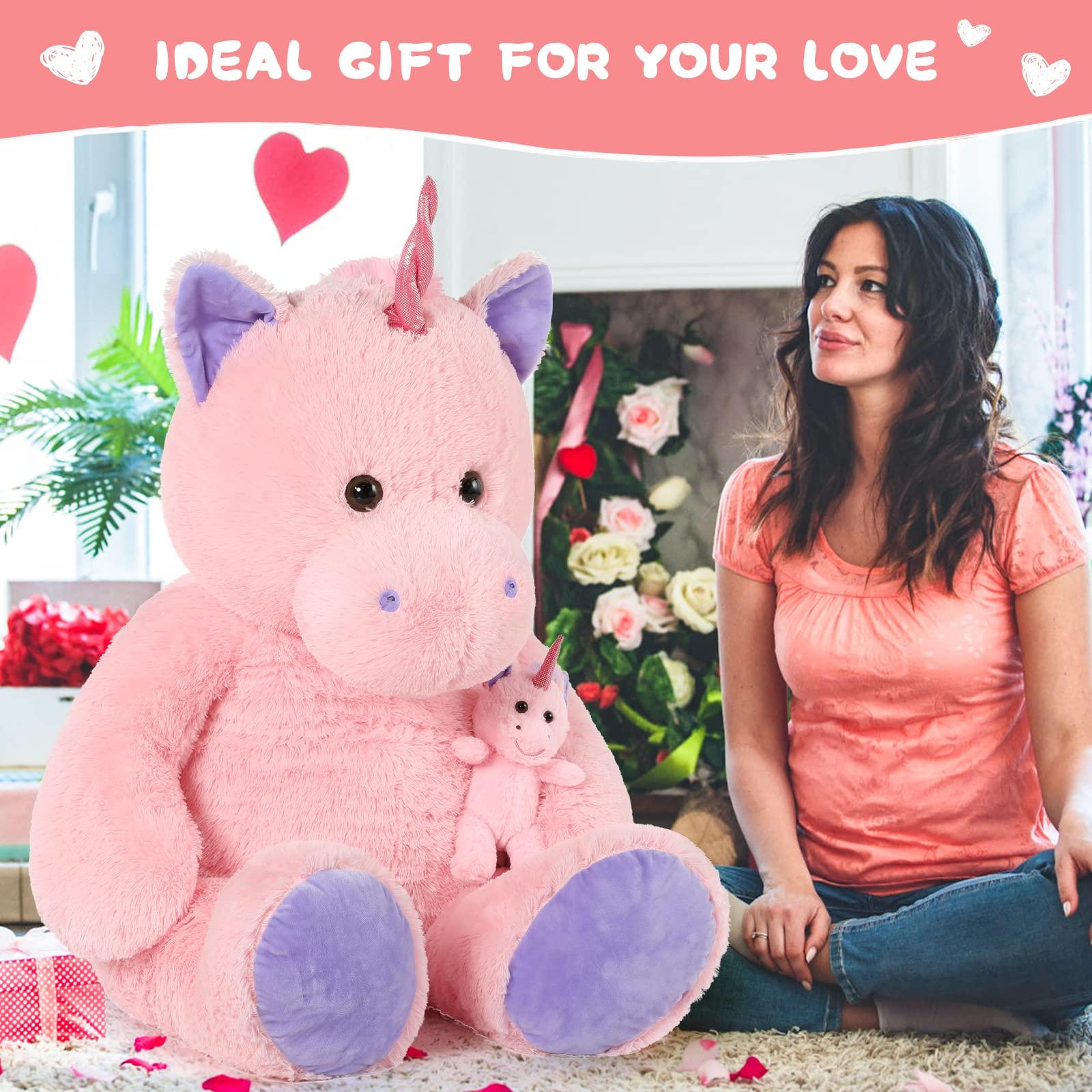 MorisMos MorisMos Giant Stuffed Unicorn 4 Foot, 51\'\' Giant Unicorn Stuffed Animal, 2-in-1 Big Stuffed Unicorn & Baby Unicorn Doll, Pink Unicorn Stuffed Animal for Girl Kid on Birthday Christmas Valentine\'s Day