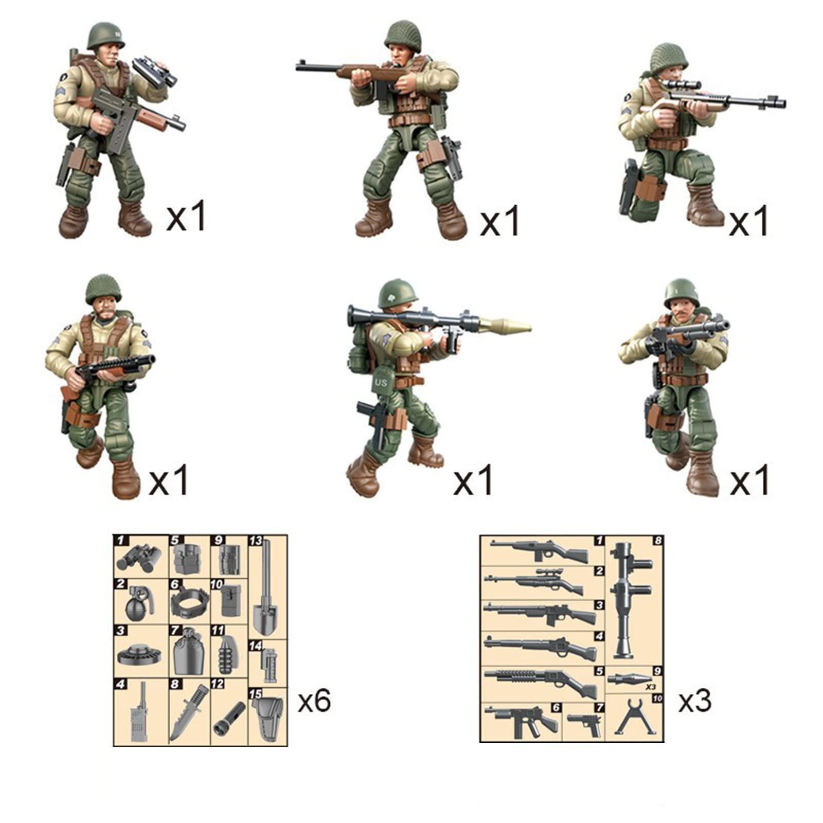MEIEST MEIEST 6 PCS Mini WWII Soldier Military Action Figures, Army Model Building Block Toys with Multiple Military Weapons Accessories,Party Favors Set for Kids (US Army)