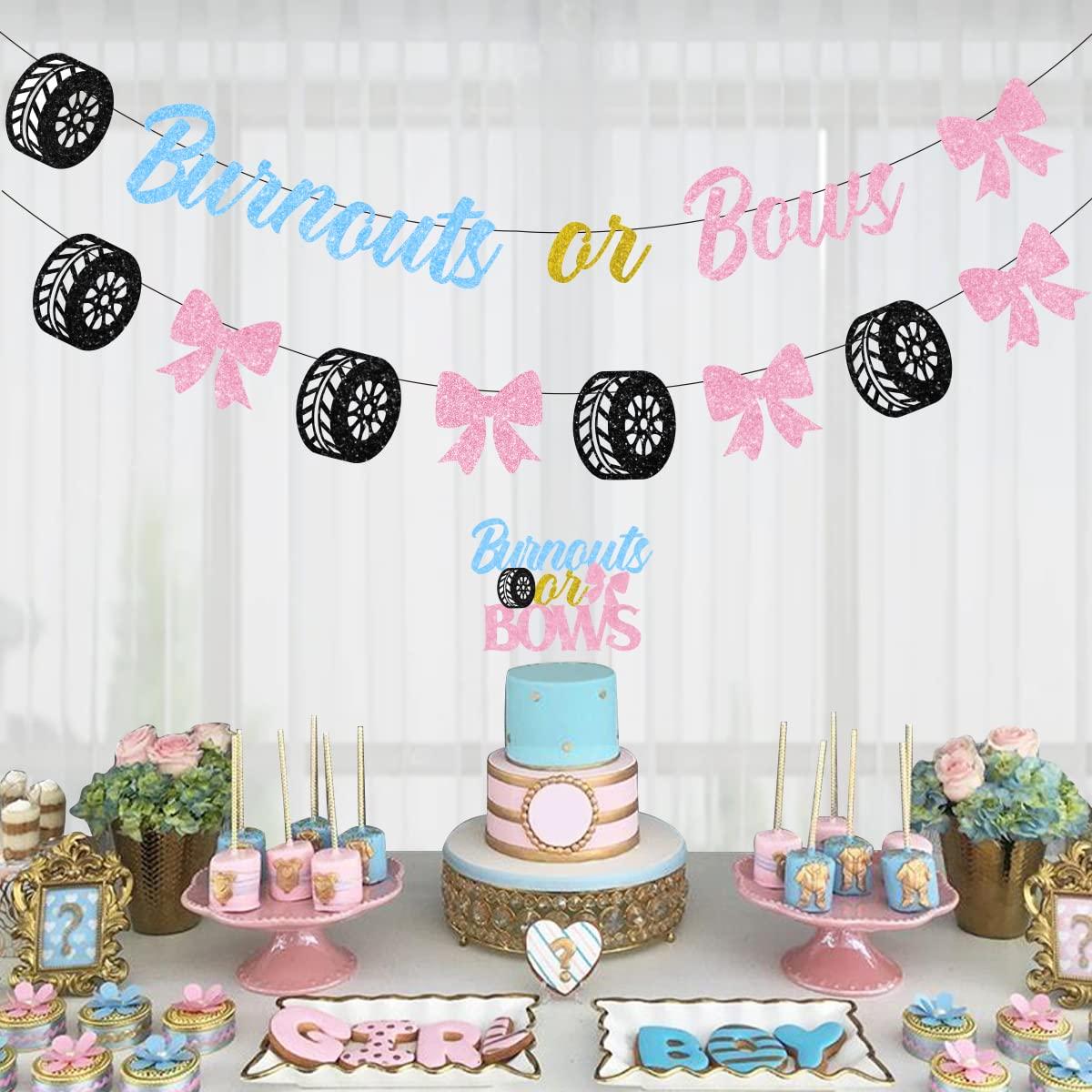 Balterever Burnouts or Bows Gender Reveal Decorations Bunting He or She Blue Pink Banner Cake Topper for Baby Shower or Pregnancy Announcement