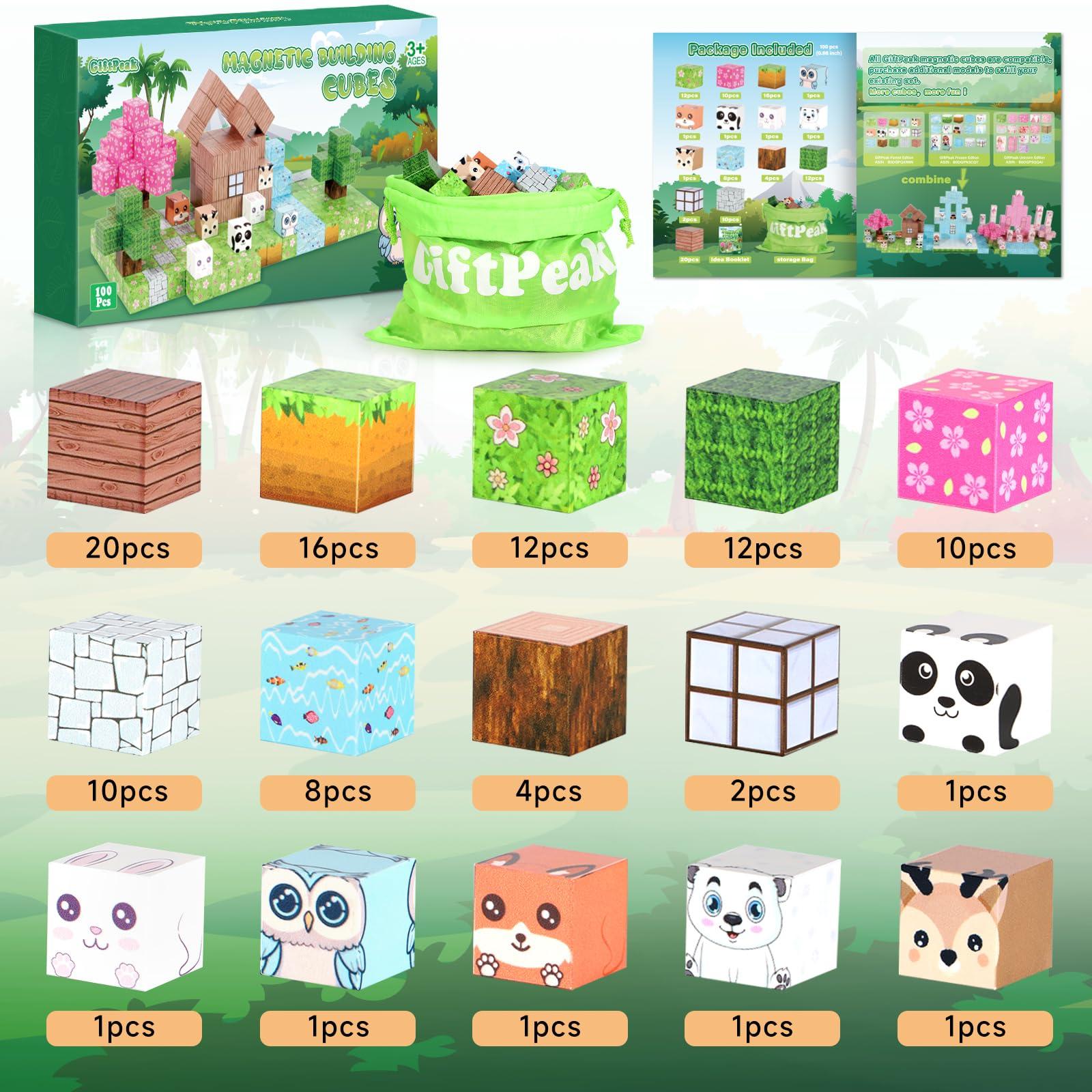 GiftPeak Magnetic Blocks-100PCS Minecraft Magnetic Blocks Magnetic Magnetic Blocks for Kids Ages 4-8 Forest Set Magnetic Minecraft Blocks for Boys Girls,STEM Montessori Sensory Toys for Kids