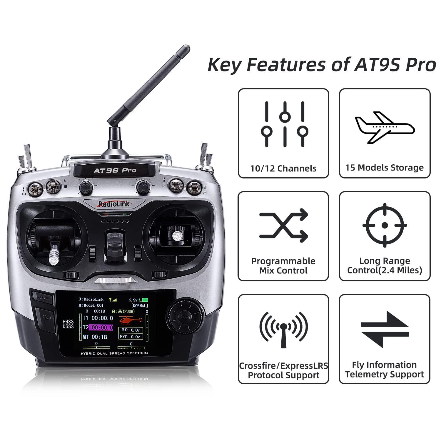 Radiolink Radiolink AT9S Pro 10/12 Channels Radio Transmitter and Receiver R9DS, Long Range for Airplane/Jet/FPV Racing Drone/Quad/RC Truck Car/Boat and More (Mode 2 Left Hand)