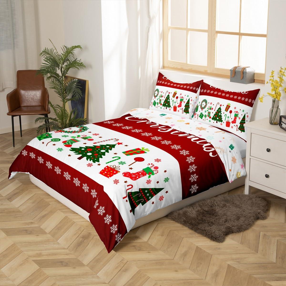 Castle Fairy Merry Christmas Bedding Sets Toddler Size,Red White Stripes Geometry Xmas Reversible Duvet Cover 2Pcs for Kids Bedroom,Green Pine Gifts Candy Print Quilt Cover,1 Pillowcase (No Comforter)