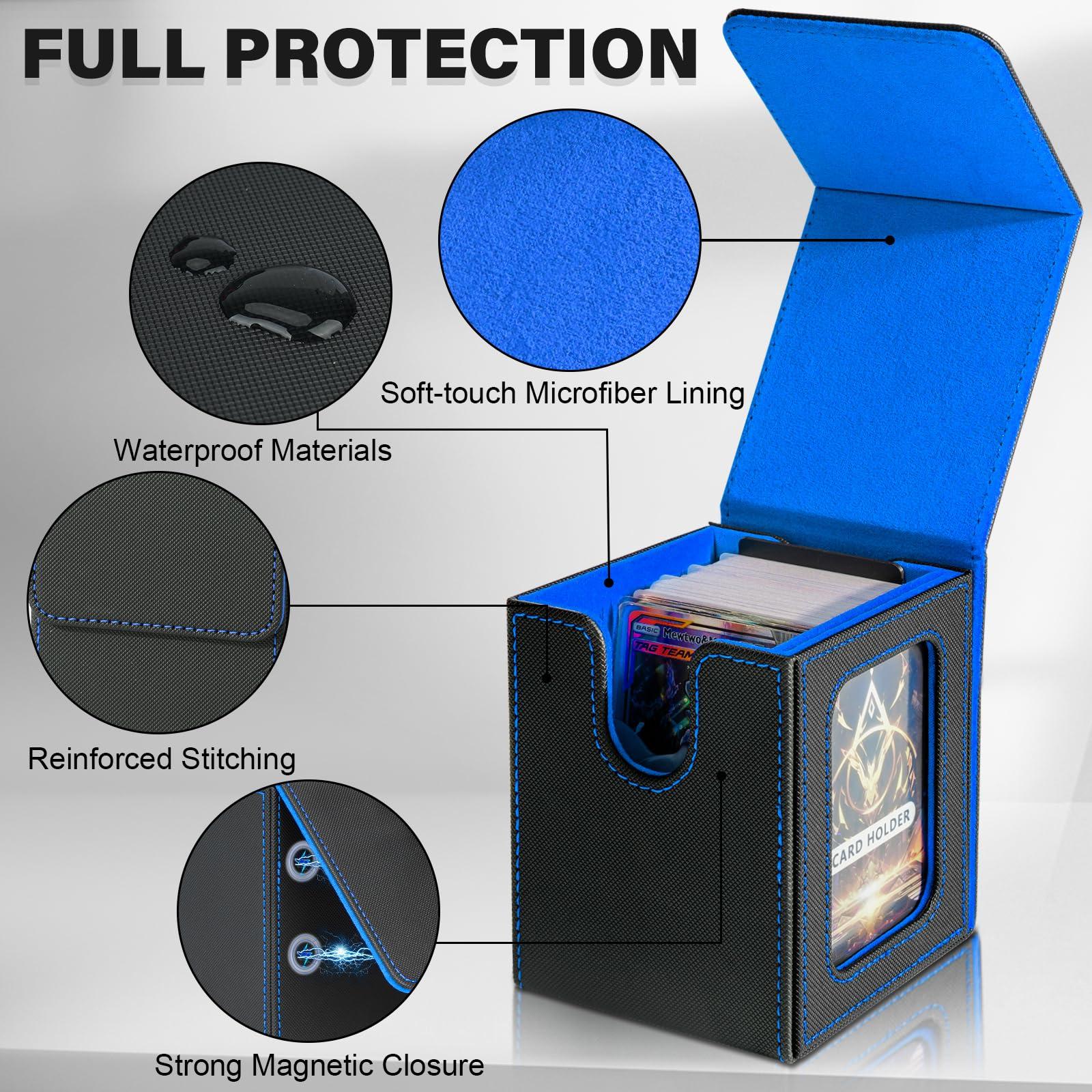 Jaffzora Jaffzora Card Deck Box for MTG Commander, Magnetic Card Display Case,TCG Card Storage Box, Holds 100 Double-Sleeved Cards, Black&Blue