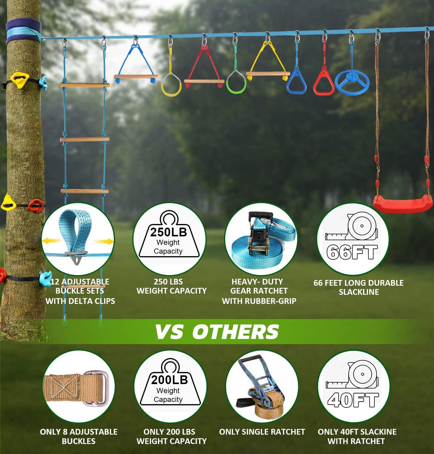 hooroor hooroor Ninja Warrior Obstacle Course for Kids and Adults - 66FT Slackline with Tree Climbing Rock Holds, Swing Seat, Monkey Bars, Ring Wheel, Rope Ladder - Outdoor Training Playset