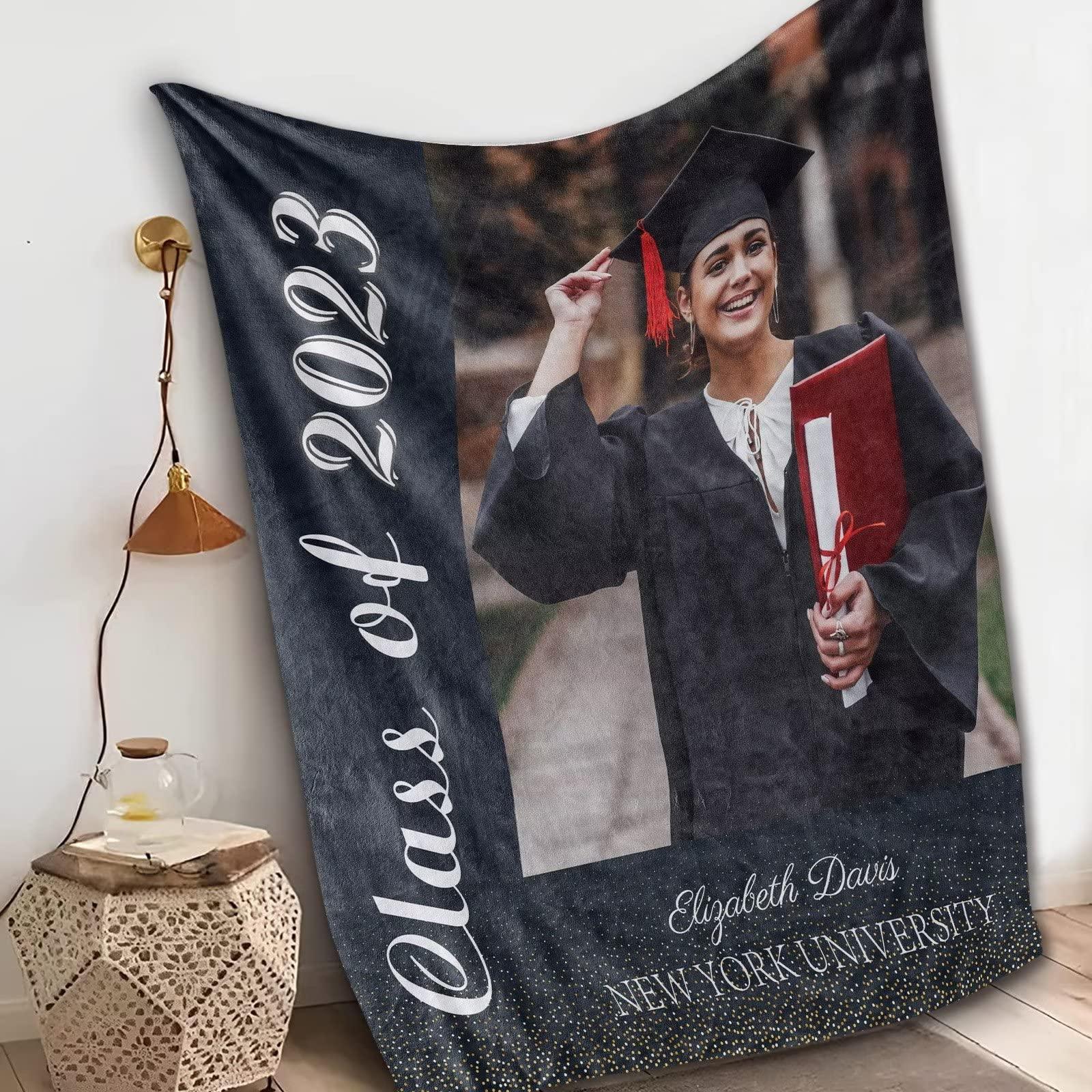 KEPMOV Graduation Blanket 2023 Personalized with Photo, Custom Class of 2023 Graduation Blankets with Photos Text College Name and Text Unique Customized Graduation Gift for Family Friends, 40 x 50 Inches