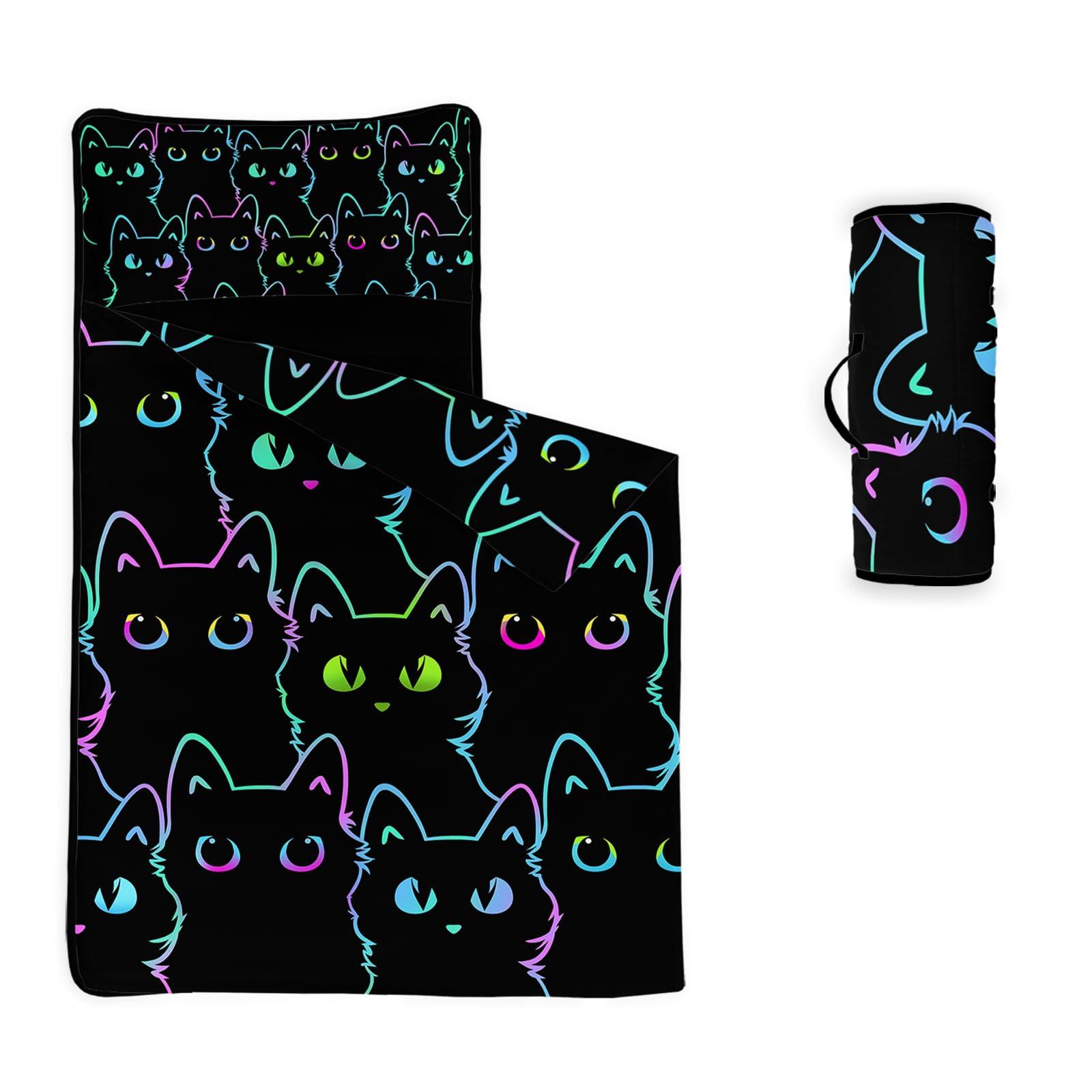 Axolotl Axolotl Neon Cat Nap Mat with Removable Pillow and Lightweight Quilt Cover,Colorful Silhouette Cat Sleeping Mat for Travel,Roll Up Sleeping Bag,Soft Slumber Bag for Boys Girls,Black 60\" L*21\" W