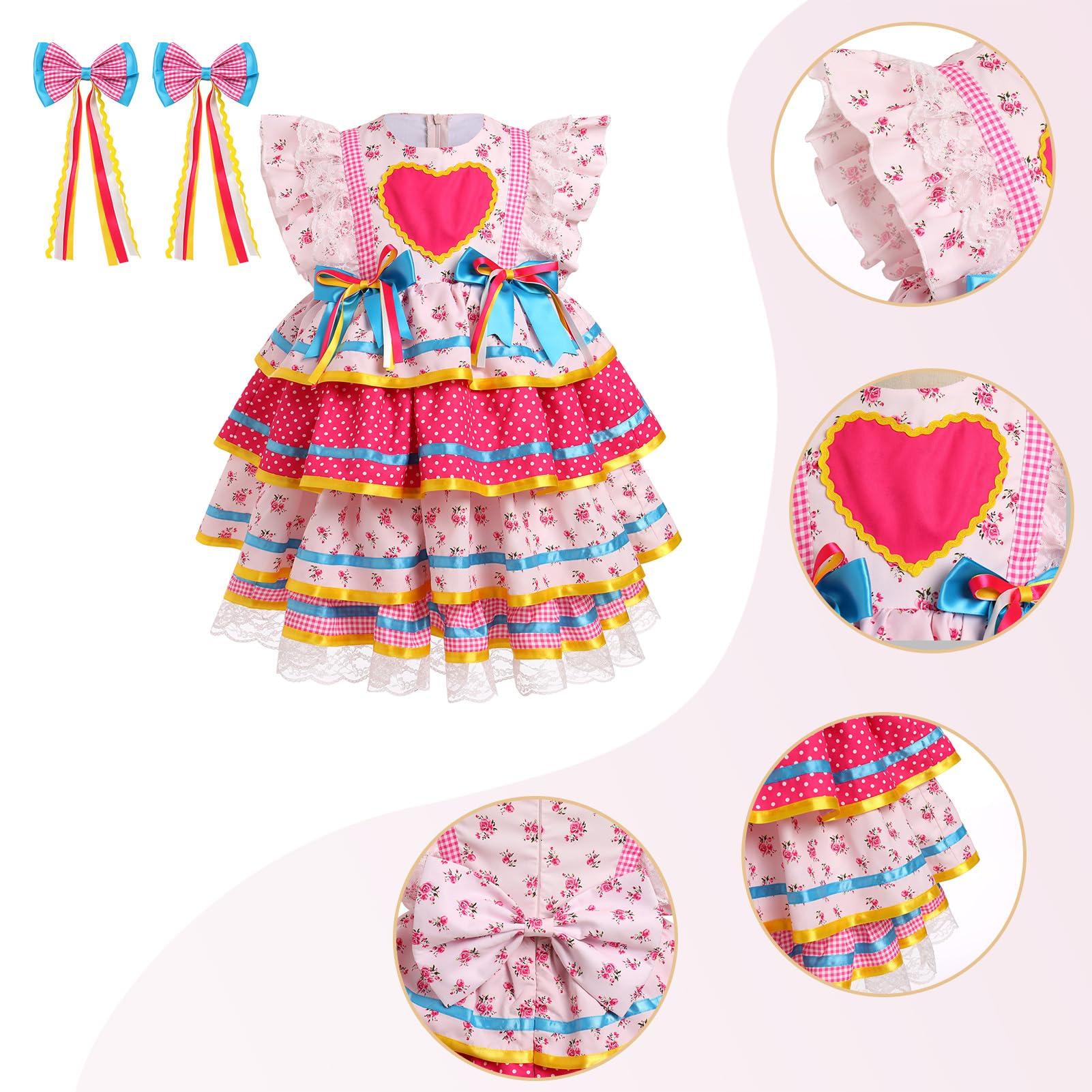 ABEWIP ABEWIP Traditional Mexican Dress for Girl Toddler Kids Cinco De Mayo Ruffle Tiered Dresses with Hair Clips Pink 18-24M