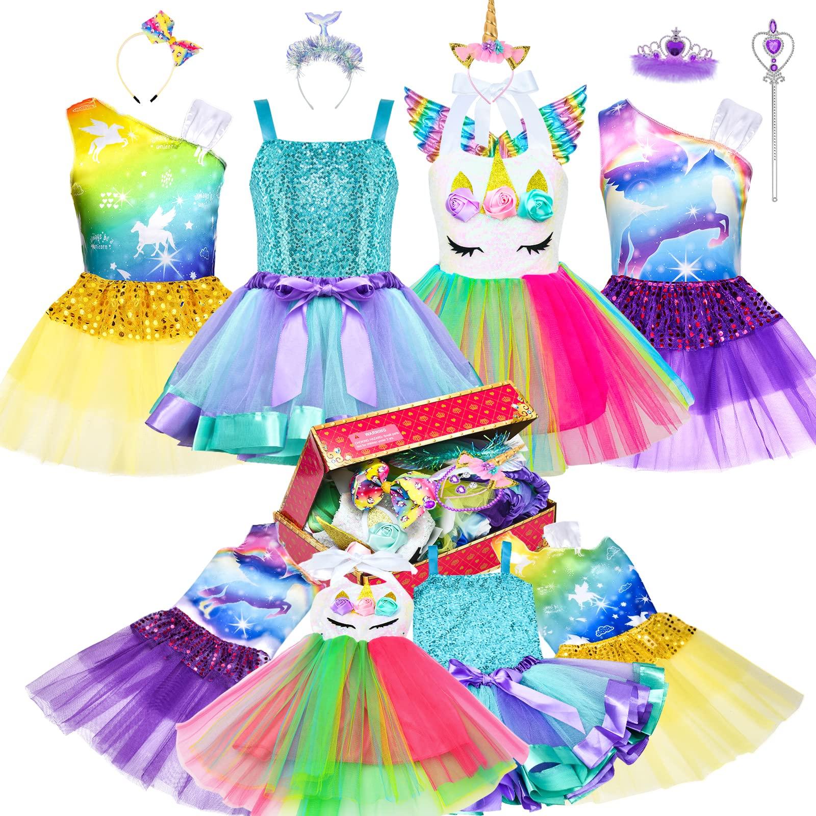 Latocos Girls Princess Dress up Trunk Dress Up Clothes for Little Girls Unicorn Mermaid Pretend Play Costume Set for Toddlers Ages 3 6 Years