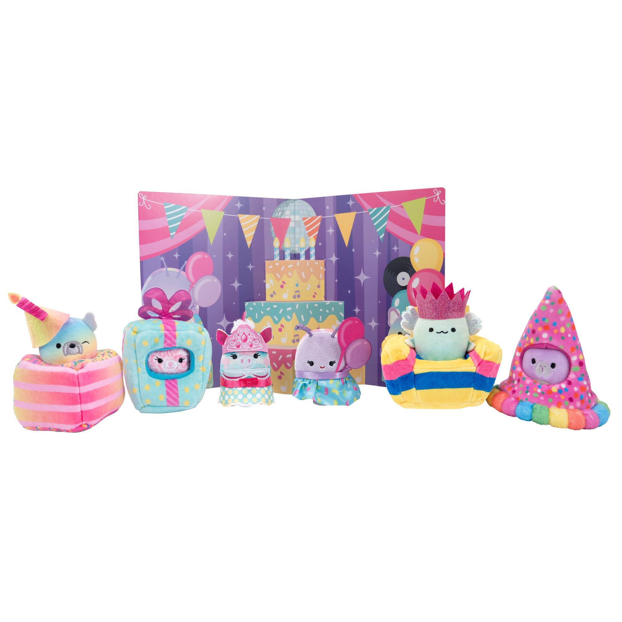 Squishville Squishville by Original Squishmallows Birthday Bash Set - Six Exclusive 2-inch Squishmallows Plush, Four Costumes and Accessories, and a Pop-Up Play Display - Toys for Kids