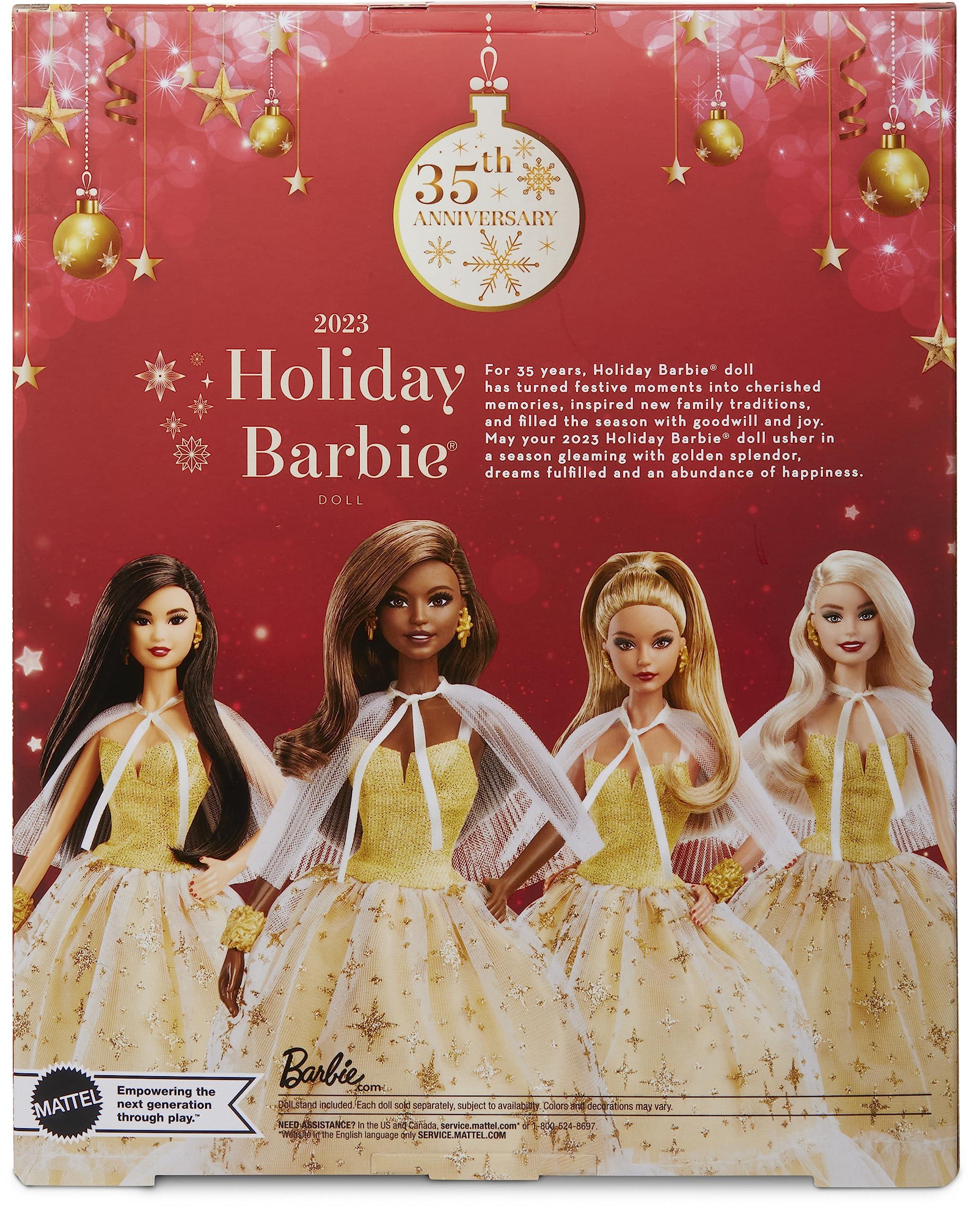 Barbie Barbie Signature Doll, 2023 Holiday Collectible with Golden Gown & Dark Brown Hair, Doll Stand & Displayable Packaging