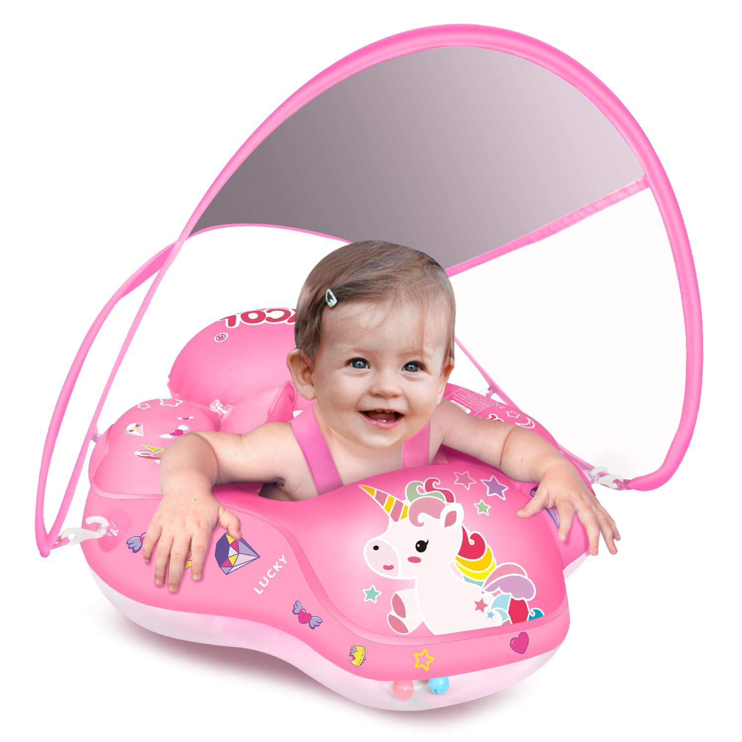 LAYCOL LAYCOL Baby Swimming Float Inflatable Baby Pool Float Ring Newest with Sun Protection Canopy,add Tail no flip Over for Age of 3-36 Months (Unicorn, S)