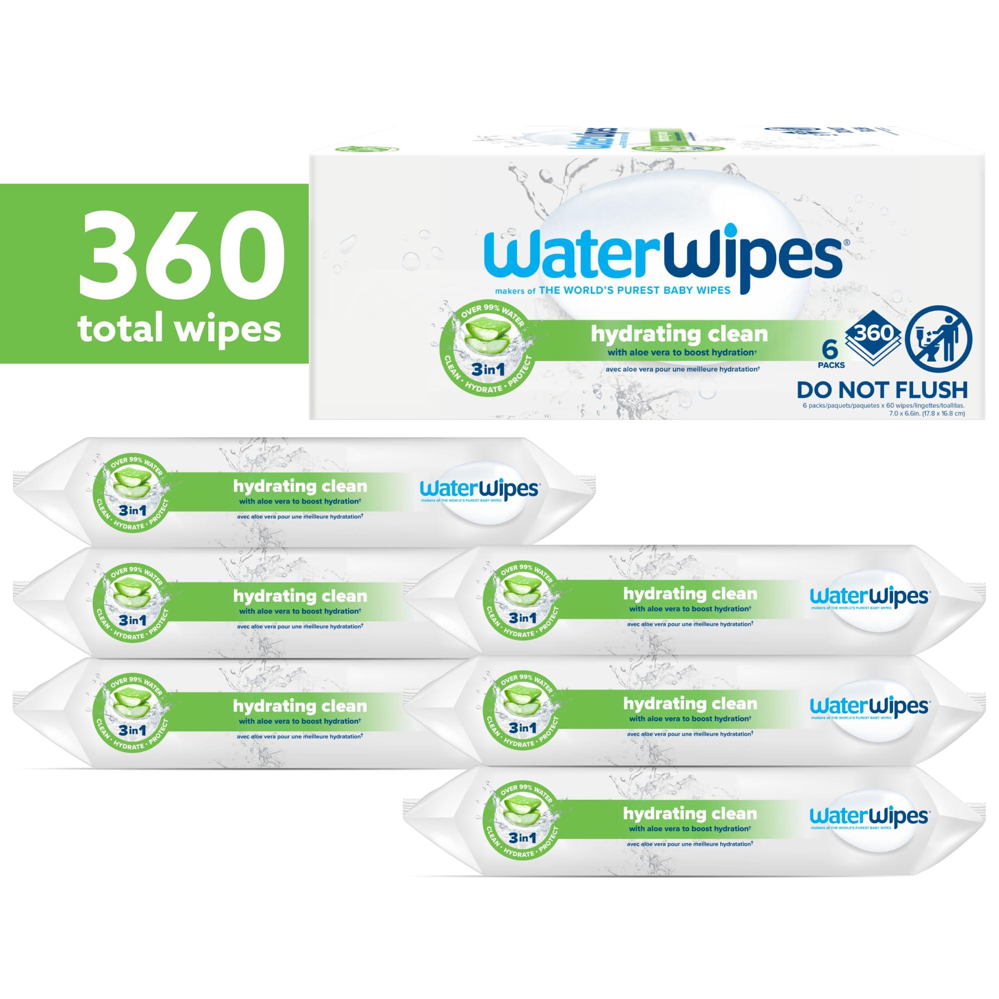 WaterWipes WaterWipes Hydrating Clean Baby Wipes, 99% Water-Based Formula with Aloe Vera to Hydrate & Clean Skin, Unscented & Hypoallergenic, 360 Count (6 Packs)