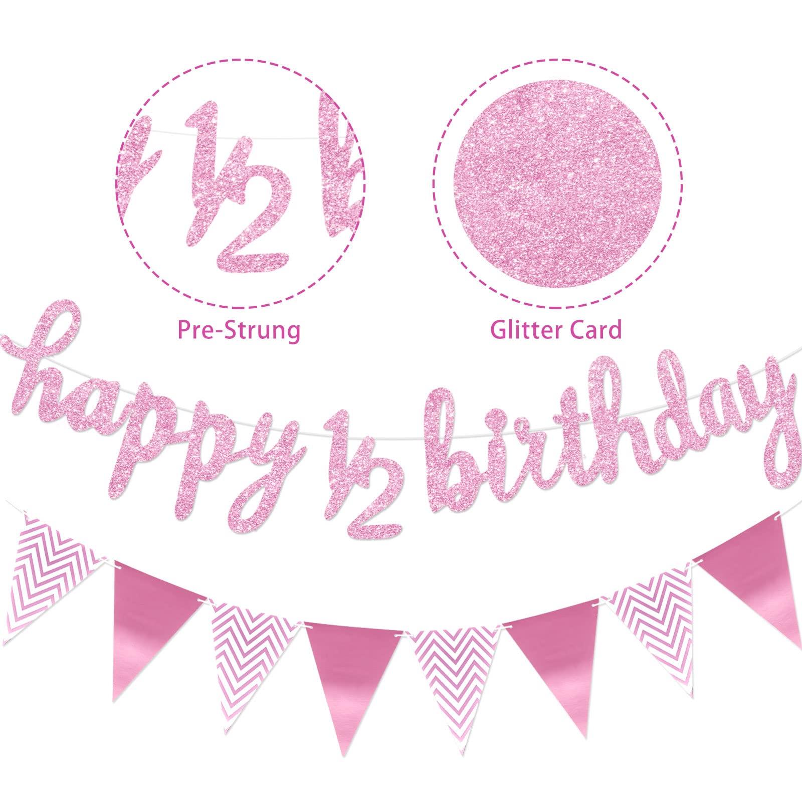Boao 6 Months Banner Happy Birthday Banner Happy 1/2 Birthday Banner Glitter 1/2 Half Year Cake Topper Triangle Flag Banner for Half Year Baby Shower Birthday Party Decoration, Pre-strung (Pink)