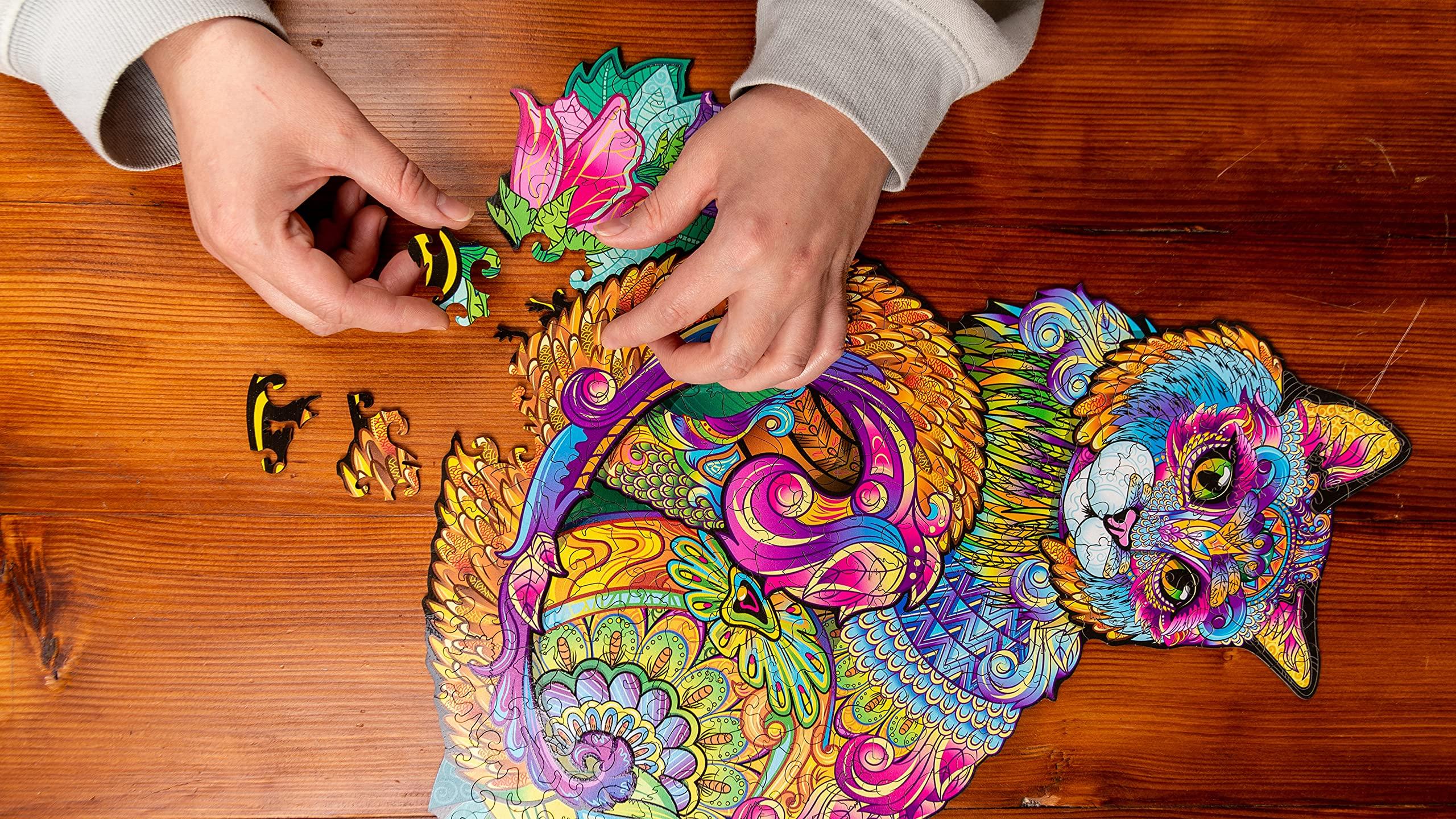 Woodvio WOODVIO - Wooden Jigsaw Puzzle for Adults and Kids - Cat, Animal-Shaped Fantasy Puzzle, 208 Unique Shaped Pieces, Size King (17.7\" x 16.9\")