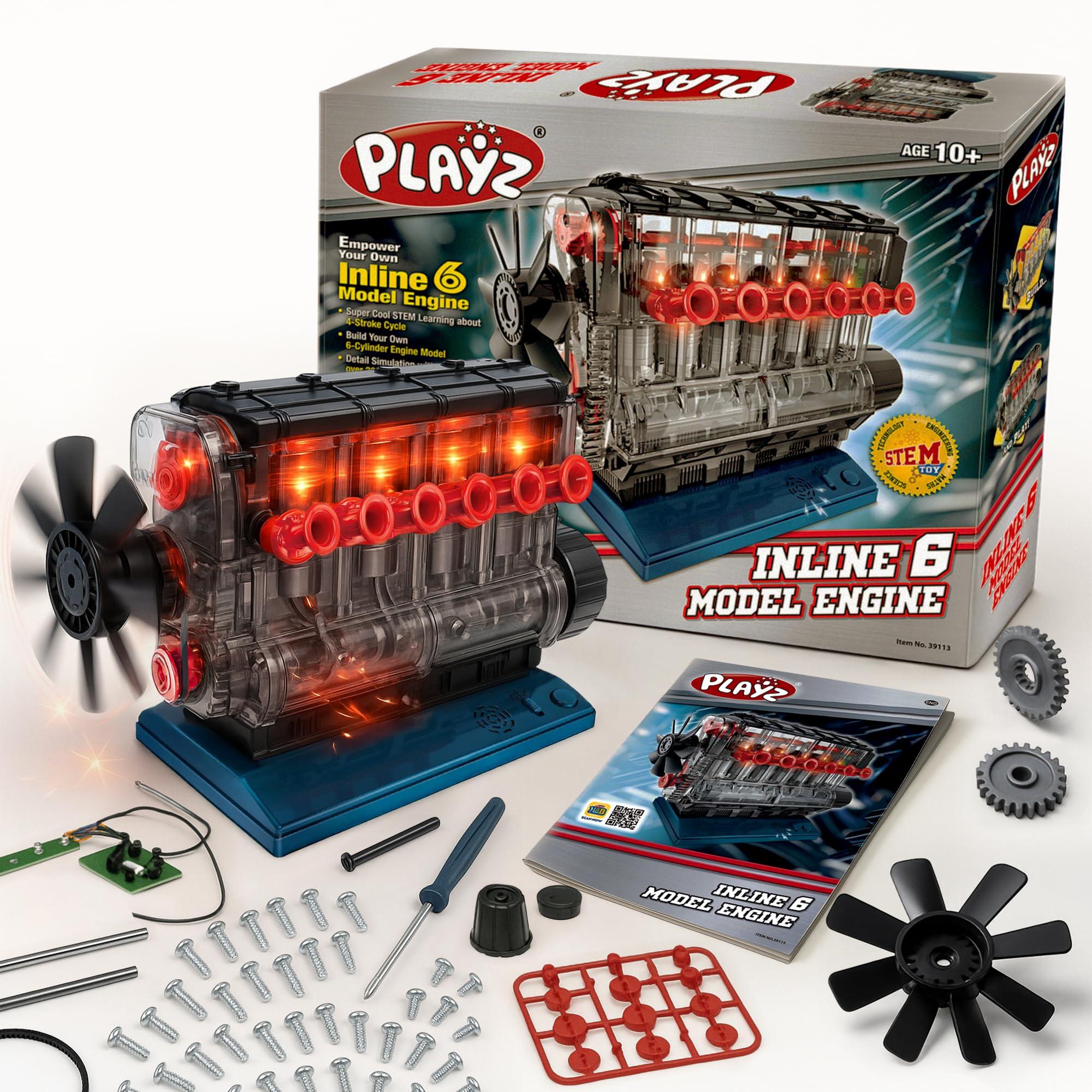 Playz Playz Inline 6 Engine Model Kit - Build Your Own STEM Inline 6 Small Engine That Runs Kit for Adults & Kids Age 10-12+, Visible Inline 6 Mini Engine Kit That Works for Adult w/ 230 STEM Parts