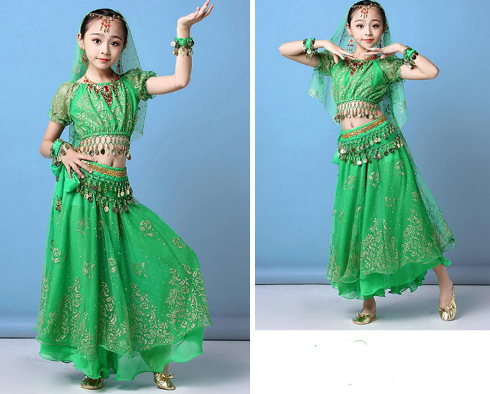 OTMYIGO OTMYIGO 5Pcs/Set Belly Dance Costume Set Oriental Costumes Girl Egypt Bollywood Indian Dancing Clothing India Dresse,Green,S