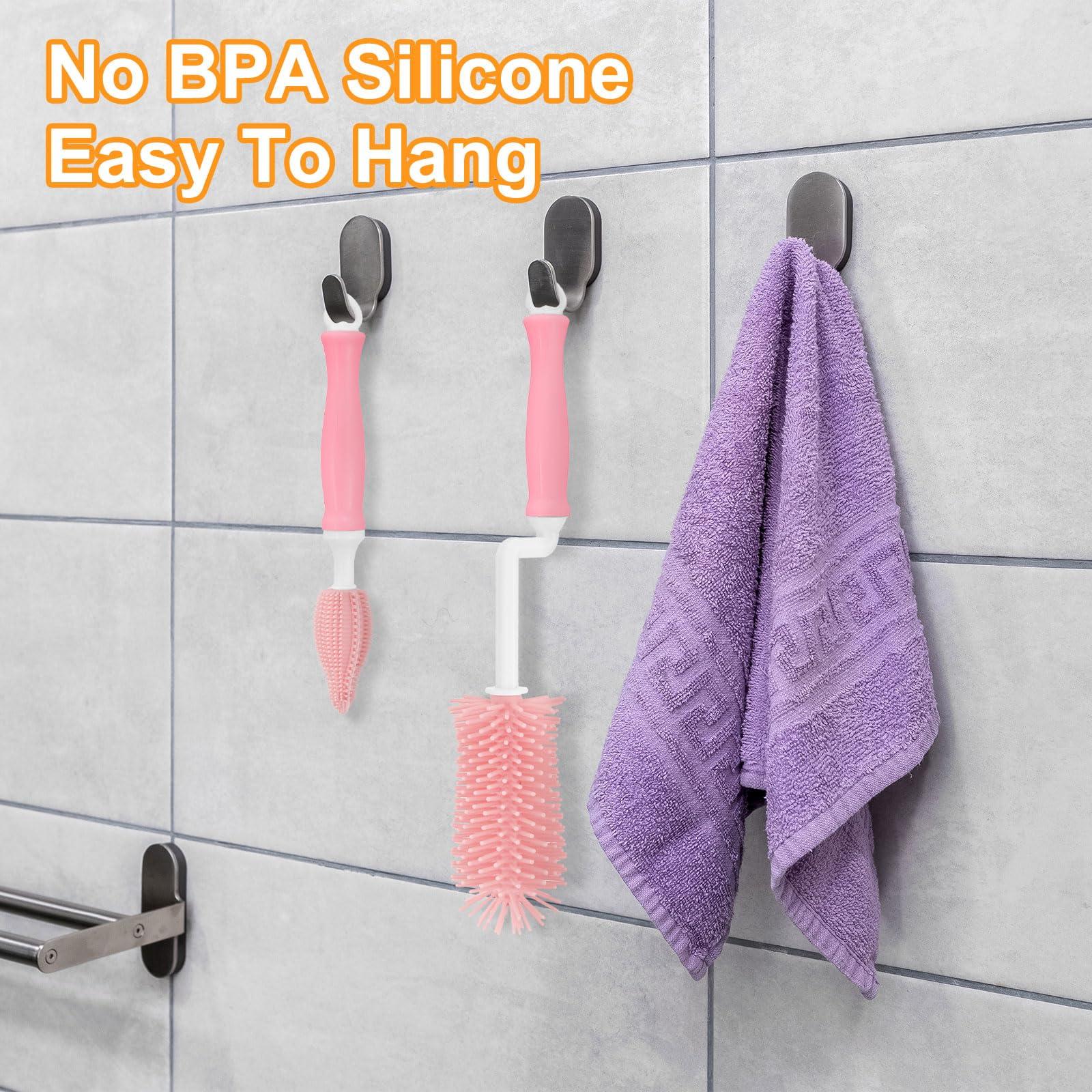 uxcell uxcell 3 in 1 Silicone Bottle Cleaning Brushes, 360 Degree Rotation Long Curved Handle Water Bottles Cleaner Kits, Straw Cleaning Brushes for Milk Bottles, Cups (Pink)