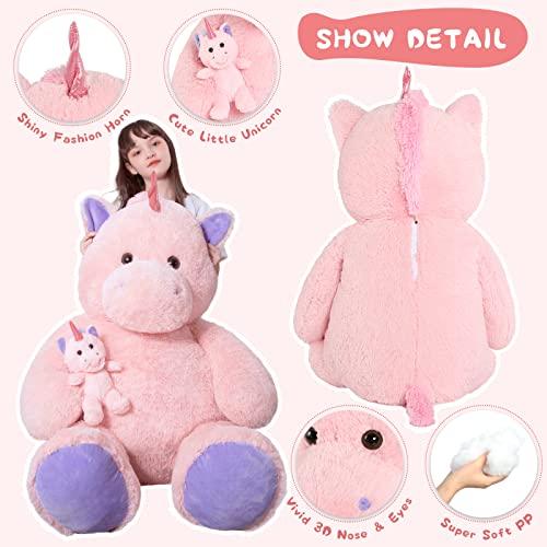 MorisMos MorisMos Giant Stuffed Unicorn 4 Foot, 51\'\' Giant Unicorn Stuffed Animal, 2-in-1 Big Stuffed Unicorn & Baby Unicorn Doll, Pink Unicorn Stuffed Animal for Girl Kid on Birthday Christmas Valentine\'s Day
