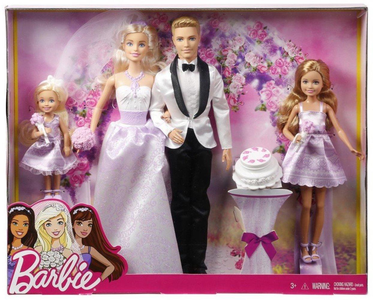 Barbie Barbie Wedding Set with Bride and Groom Dolls, Stacie, Chelsea and Accessories (Mattel DRJ88), Assorted Colour/Model