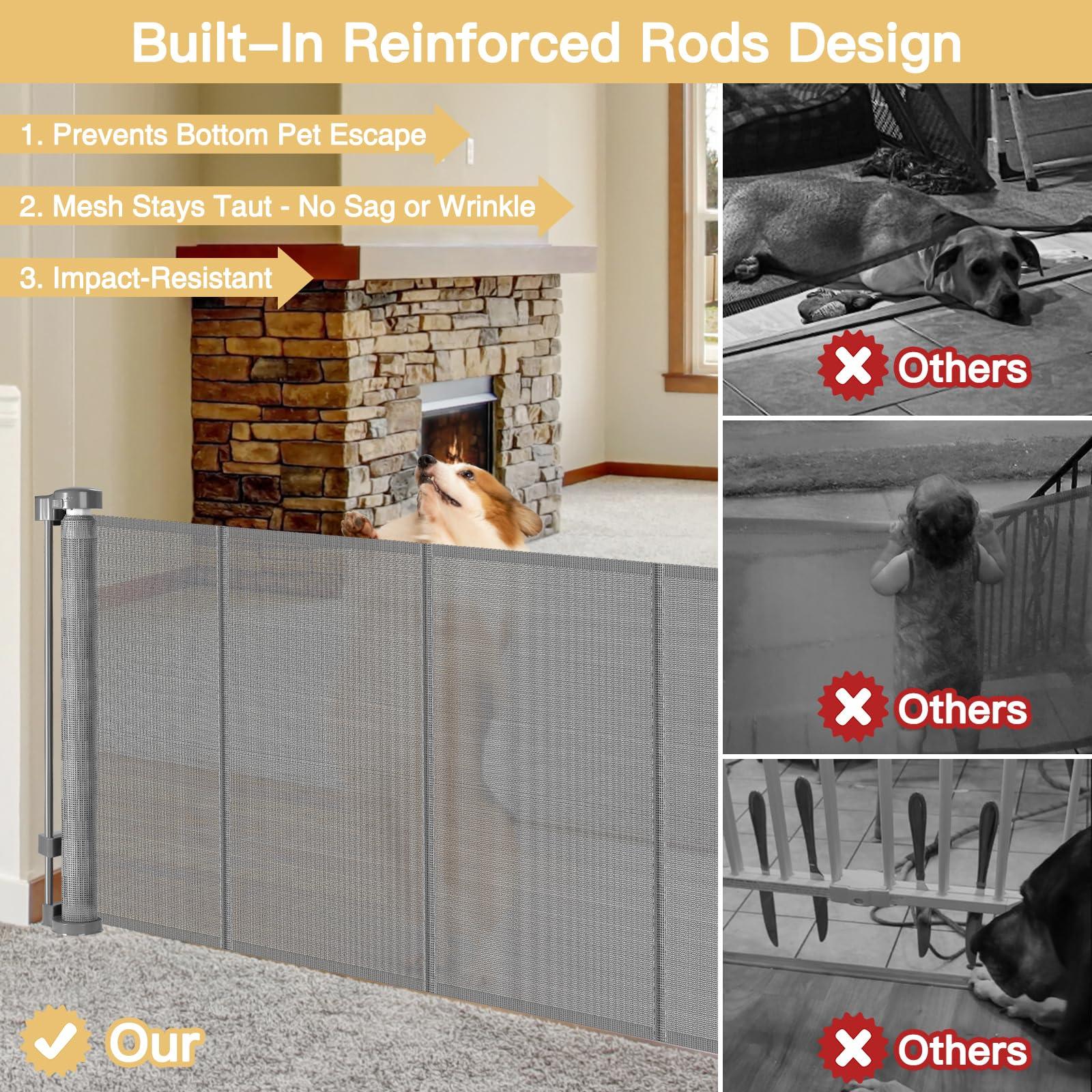 Stcockis 28 Inch Tall Retractable Baby Gates, 80" Wide Reinforced Retractable Dog Gate with Support Rods, Walk Through Pet Gate, Short Dog Gate Retractable Pet Gate, Mesh Baby Gate for Stairs, Doorways, Gray