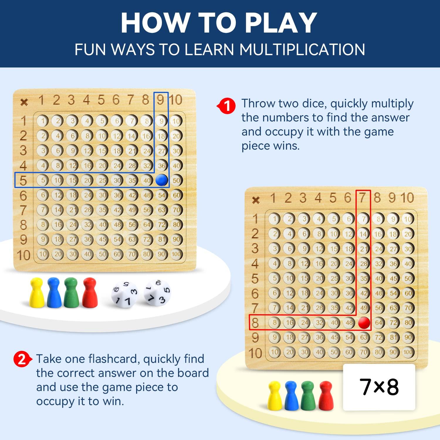 BAKAM BAKAM Wooden Multiplication Board Math Game for Kids 8-12, Math Manipulatives Set with 100PCS Flash Cards for Kids 6-8 Years Old, Montessori Counting Toy for Boys Girls Preschool Learning