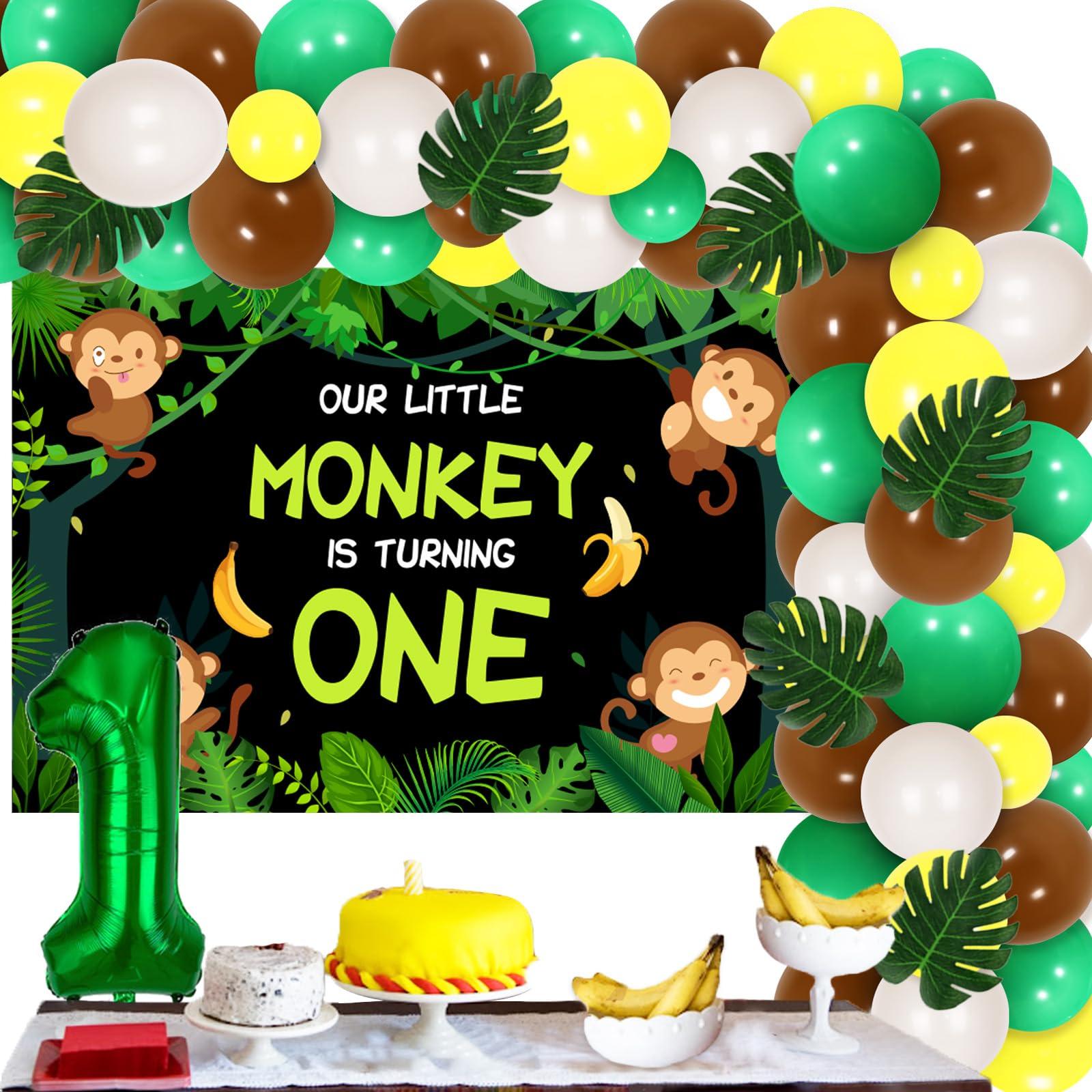 Funmemoir Monkey 1st Birthday Party Decorations - Our Little Monkey Is Turning One Backdrop, Jungle Safari Balloon Garland Arch Kit, Artificial Palm Leaves, Foil Balloons, Jungle Monkey Birthday Decorations