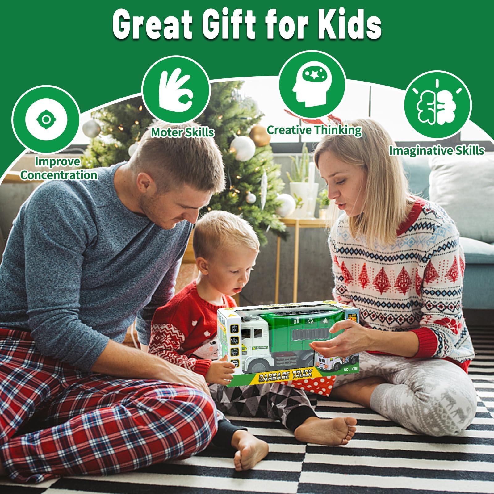 Ynanimery Toy Garbage Truck & Fire Truck & Construction Excavator Toys & Container Truck Toy Cars for Toddlers Boys 1-3 4-7 Birthday Gifts, Truck Car Toys with 4D Lights & Music- Automatic Bump Go Garbage Truck