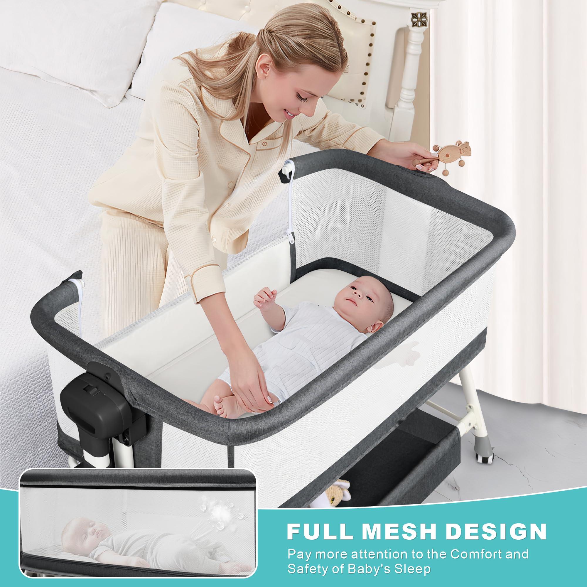 VOOI VOOI Baby Bassinet Bedside Sleeper, 3 in 1 Rocking Bassinet for Baby, Bassinet Bedside Sleeper with Wheels, Adjustable Height, Storage Basket, Mattress & Canopy, Bed Side Bassinet for Newborn