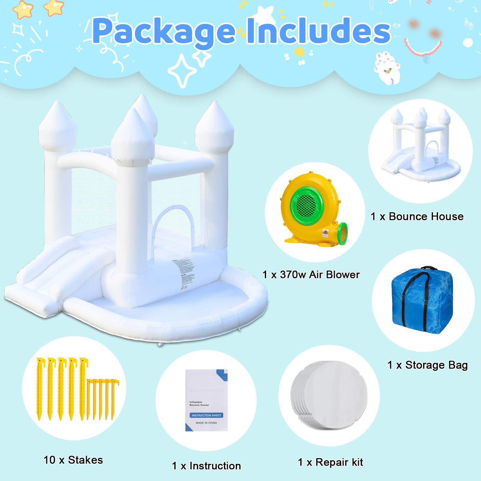 FOOING FOOING White Bounce House, Inflatable Bounce House with Air Blower, Jumping Castle Bounce House with Ball Pit for Party, Wedding, Backyard Easy to Set Up, Safe for Family