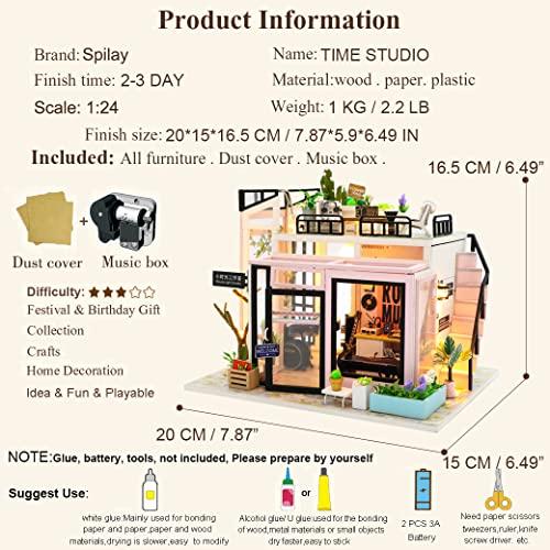 SPILAY Spilay DIY Miniature Dollhouse Kit with Wooden Furniture,DIY Dollhouse Kit with Dust Proof and Music Movement,1:24 Scale Creative Room for Romantic Valentine's Gift(Time Studio)