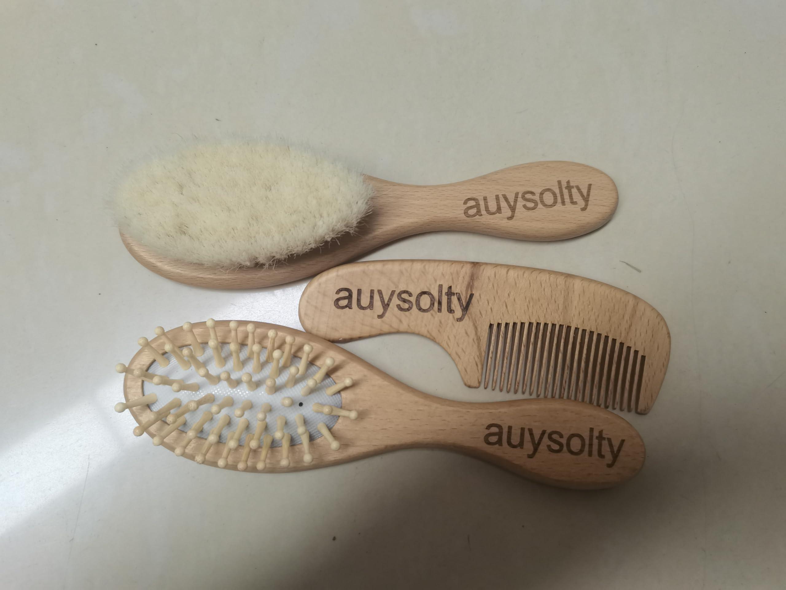 auysolty 3Pcs Custom Wooden Baby Hair Brush Set Personalized Newborn Baby Gift -Custom Name Baby Bathing Comb Bristles (Wood)