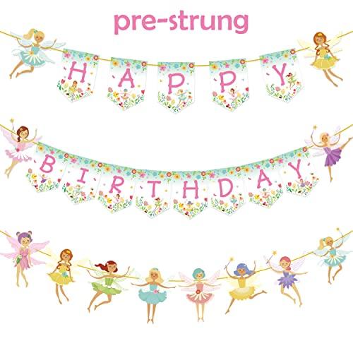 iPartyFun Fairy Birthday Party Decoration Flower Fairies Girls Birthday Banner Fairy Hanging Decoration Colorful Happy Birthday banner Fairy Party Favors Fairy Garden Decoration for Fairy Theme Birthday Party