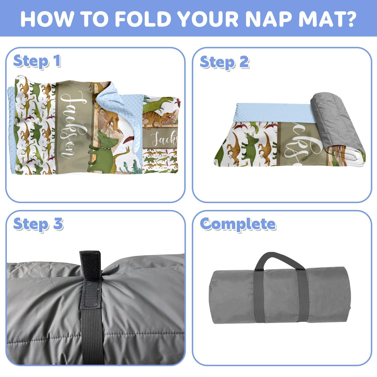 Kotagi Personalized Toddler Nap Mat for Daycare Cot Bedding, Custom Baby Name Sleeping Bag for Preschool Kindergarten, Brown Dinosaurs Portable Nap Mats with Pillow Blanket for Kids Children Boy