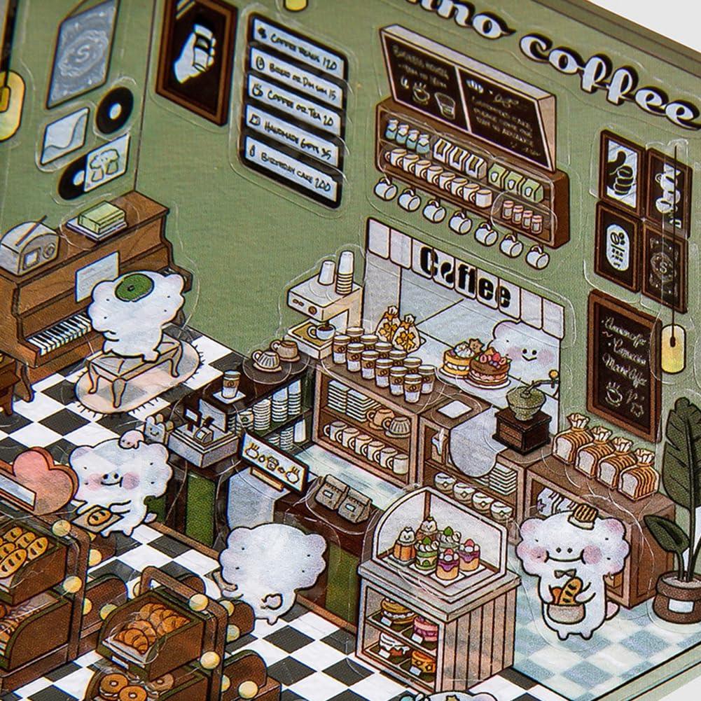kunishi 3D Stickers - 2024 DIY 3D House Stickers Set, 3D Miniature Scene Stickers, Decorative Room Sticker Book, Funny Cute Korean Cartoon Stacking Scene Stickers for Adult Kids Pass The Time (5sets -B#)