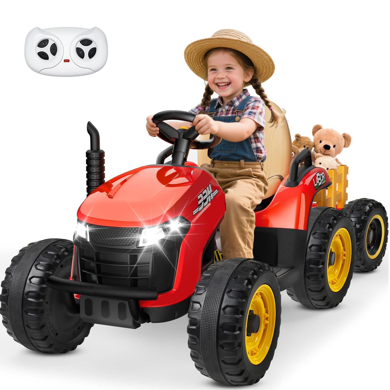 ANPABO ANPABO 24V Ride On Tractor w/Tiltable & Detachable Trailer, EVA Tires, Up to 4.3Mph, Ride On Toys with Parental Remote, Realistic Tractor Sound & Chimney, Music Player, LED Light, Red
