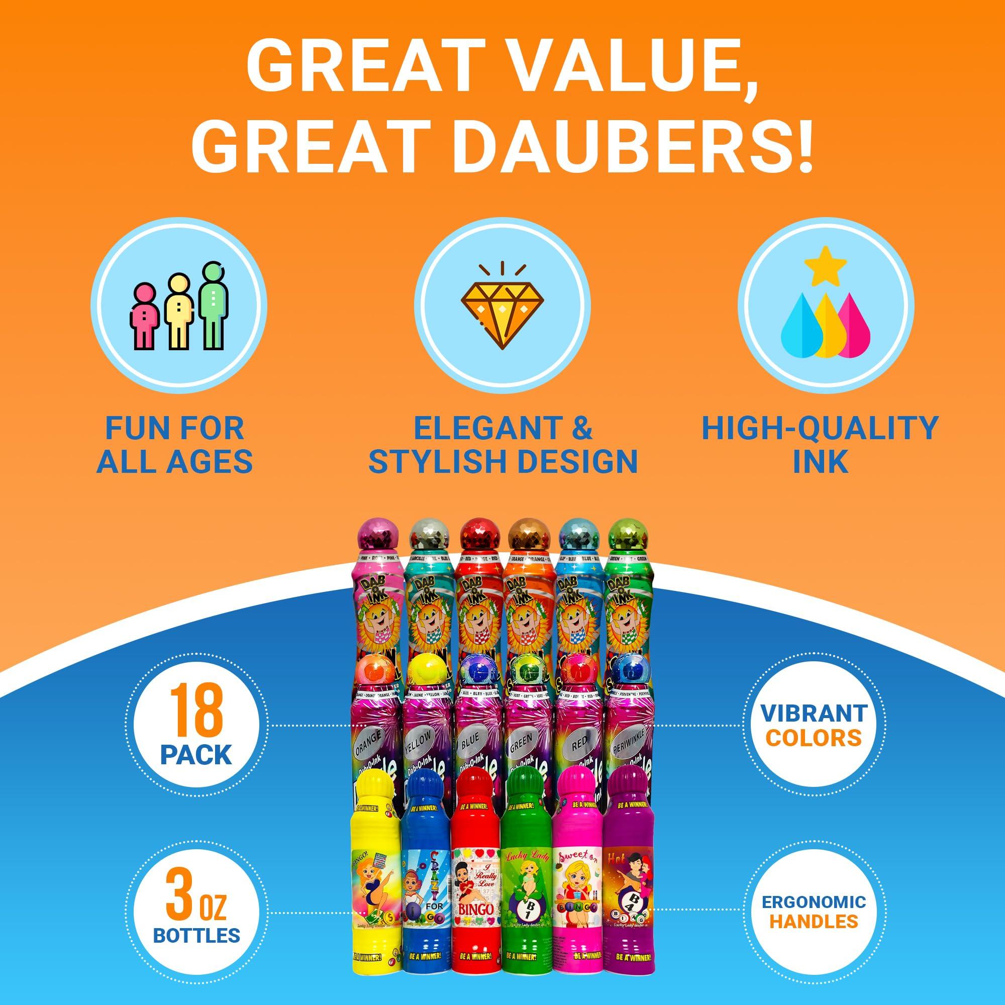 LUCKY LADY DAUBER CO Lucky Lady Bingo Daubers with Dab-O-Ink Dazzle Glitter and Sunsational Combo Gift Set 3 oz. 18 Pack, Versatile Bingo Ink Daubers - Bingo Markers and Bingo Stampers for Adults and Kids