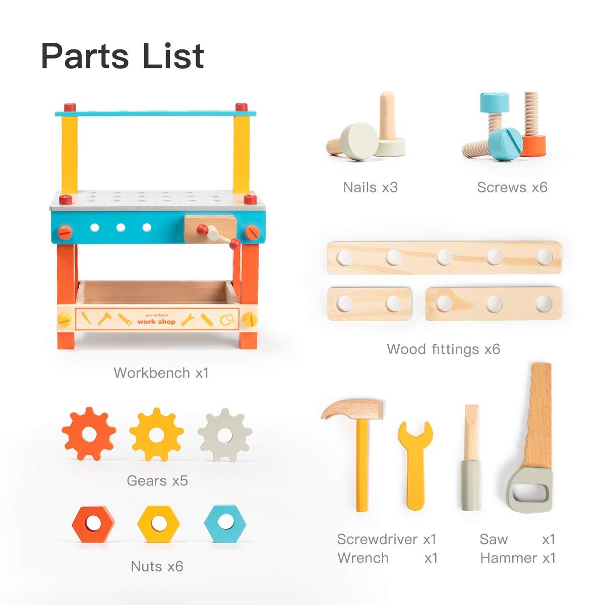 yoptote Mini Wooden Play Tool Workbench Set for Kids & Toddlers,Building Pretend-Play-Toys with Wrench,Screwdriver,Miter Saw and Hammer,Birthday for Boys Girls 3 Year Old and Up