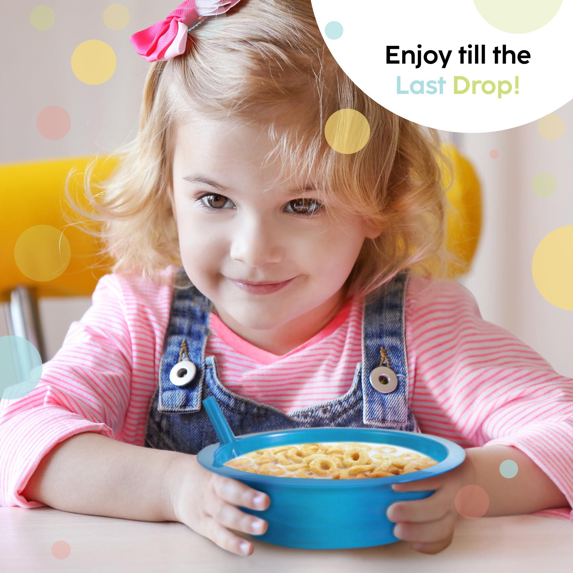PLASKIDY PLASKIDY Kids Cereal Bowls with Straws - Set of 6 Plastic Bowl with Straw For kids BPA Free Dishwasher and Microwave Safe - 22 Oz Toddlers Bowls with Built-In Straws Includes 3 Cleaning Brushes