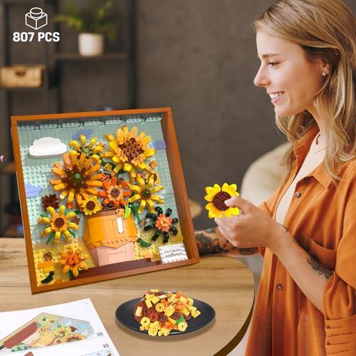 HOGOKIDS HOGOKIDS Flowers Sunflower Building Set with Lights - Vincent Van Gogh Painting Frame Artwork Mini Building Blocks Toy for Home Dcor Wall Art Architecture Sets for Adults Teens - 807PCS