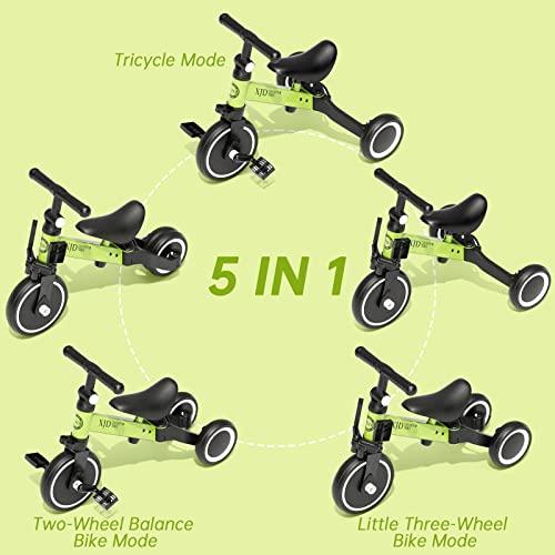 XJD XJD 5 in 1 Toddler Bike, Tricycle for Toddlers 1-3 with Adjustable Seat Height, Removable Pedals, Ideal Balance Bike Birthday Gifts and Toys for Boys and Girls (Green)