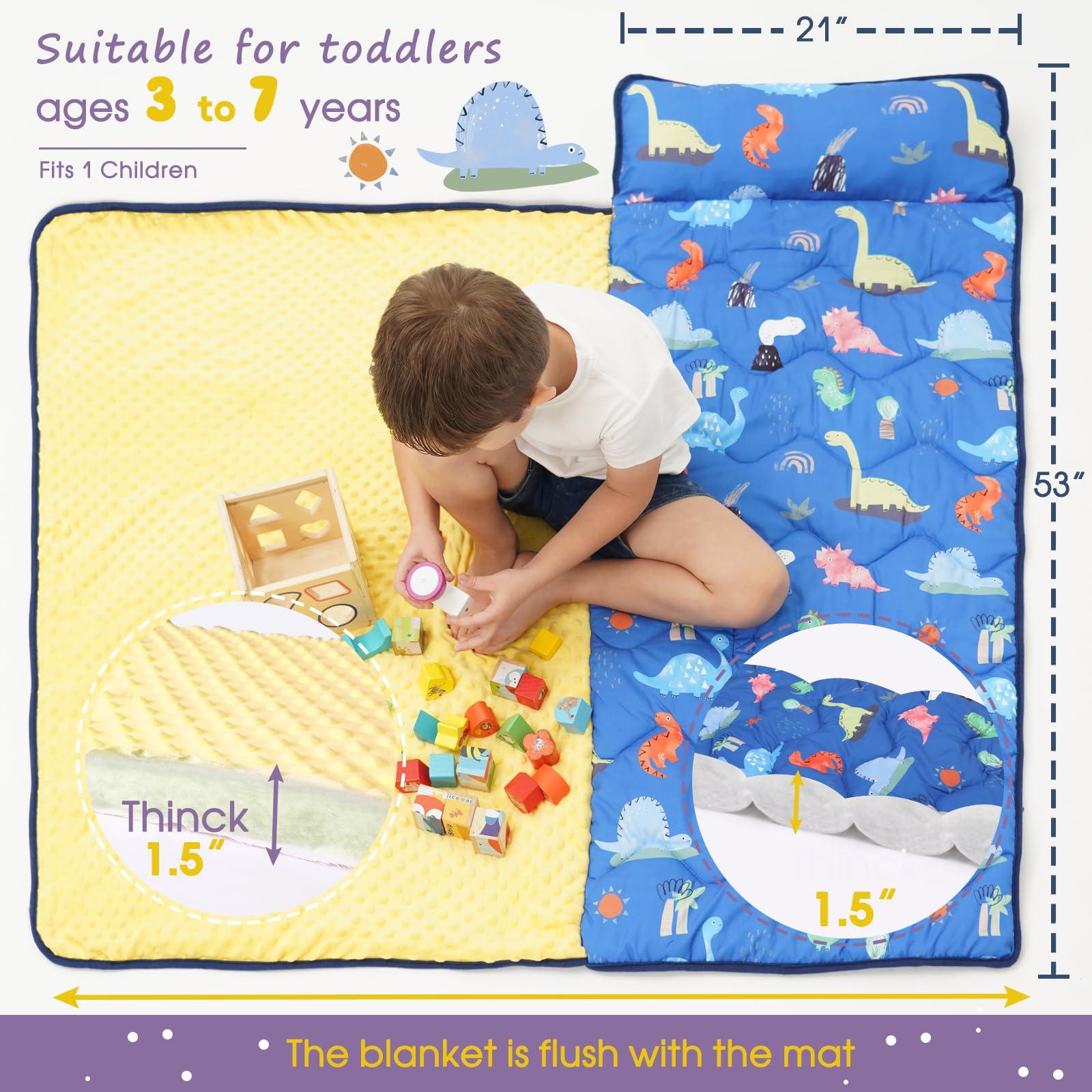 BORPRES Nap Mat with Pillow Blanket Set: Navy Dino Sleeping Mats for Toddler Kids - Thick Large Roll up Slumber Bag for Daycare Preschool Kindergarten Boys Girls